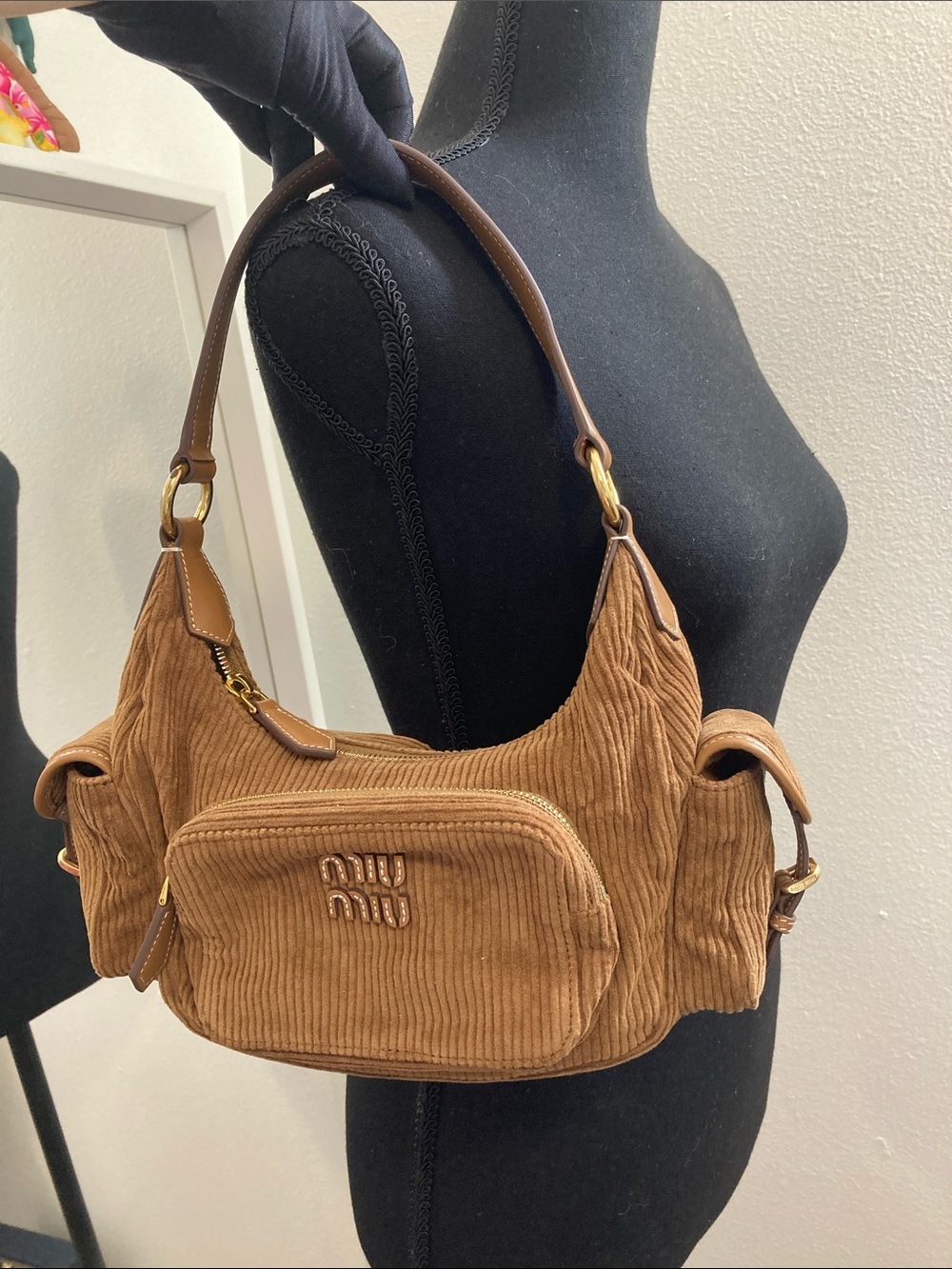 Miu Miu Cognac Brown Corduroy Shoulder Bag with Gold Hardware